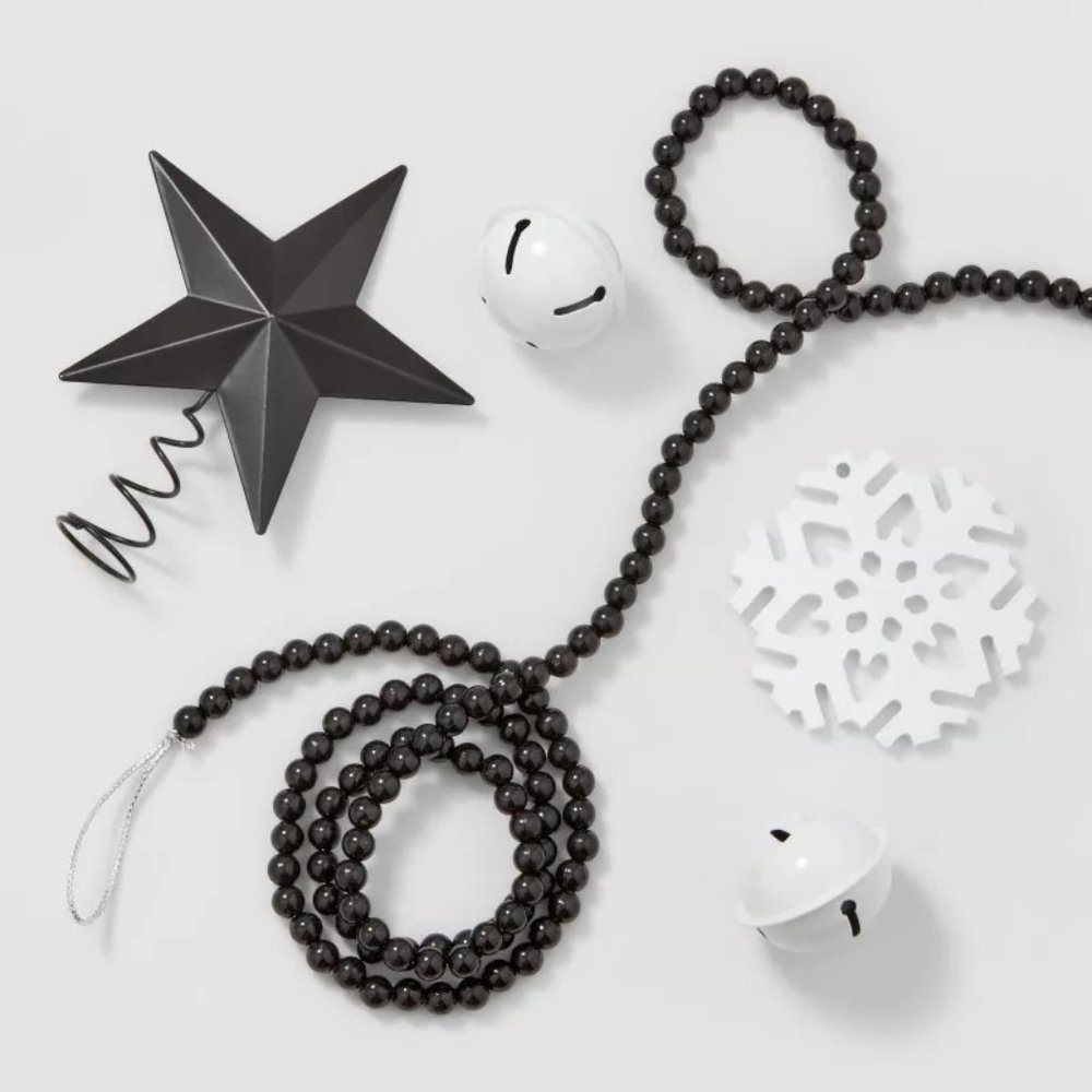 Wondershop 10ct Christmas Tree Ornament Set Black Star White Bells Garland